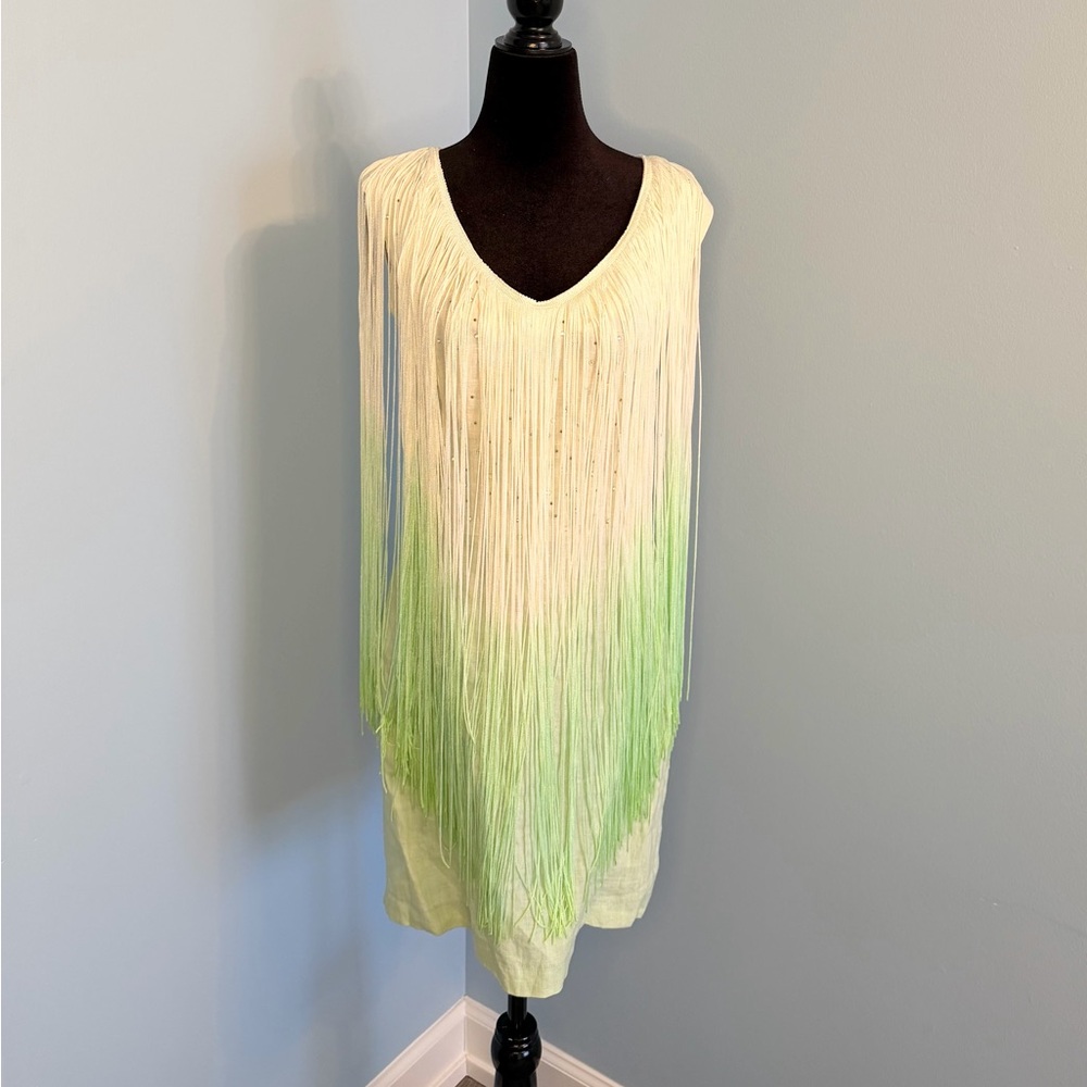 Linen Fringe V-Neck Dress in White/Green, prom/wedding/vacation dress, night out